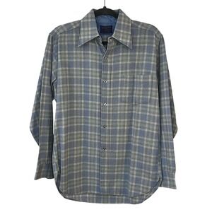 Pendleton Woolen Mills Plaid Button Down Shirt Men's Medium Blue Green Vintage